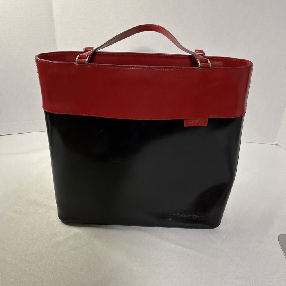 Kate Spade Red Black Colorblock Leather Tote Work Laptop Shoulder Bag Large - Picture 10 of 13